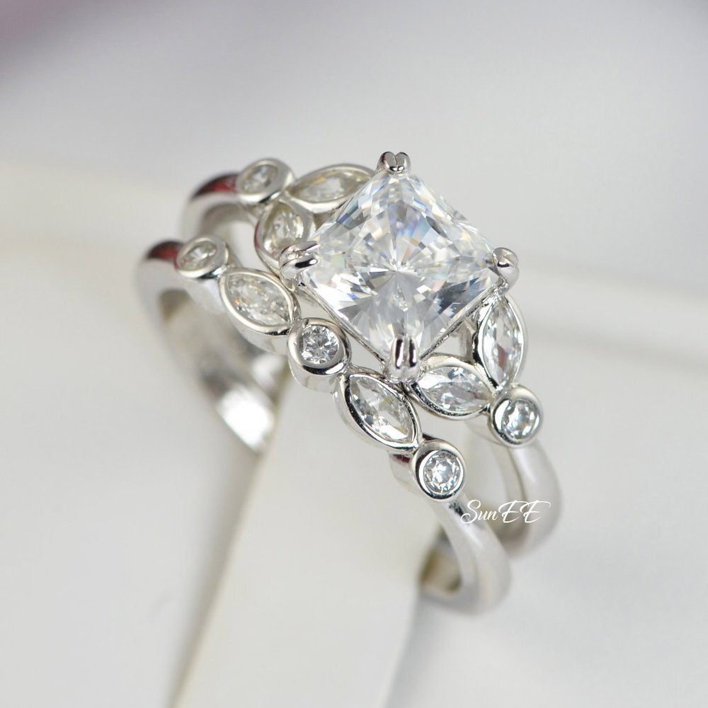 14k WHITE GOLD 925 STERLING SILVER PRINCESS CUT WEDDING BAND ENGAGEMENT RING